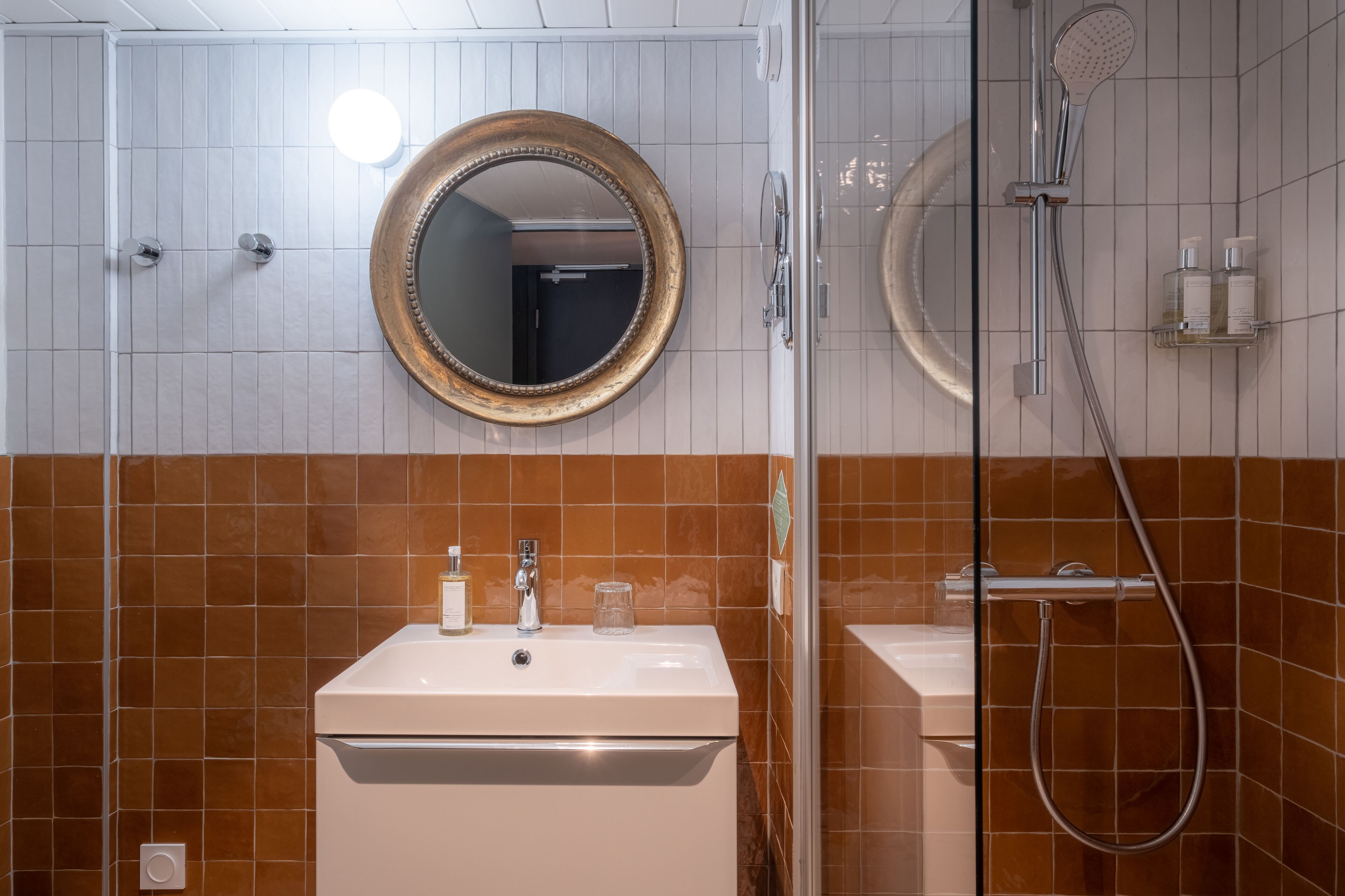 family room | bathroom | shower, hair dryer, towels, soap