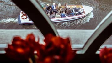 Een boot met passagiers, bekeken vanuit een raam met rode bloemen op de voorgrond.