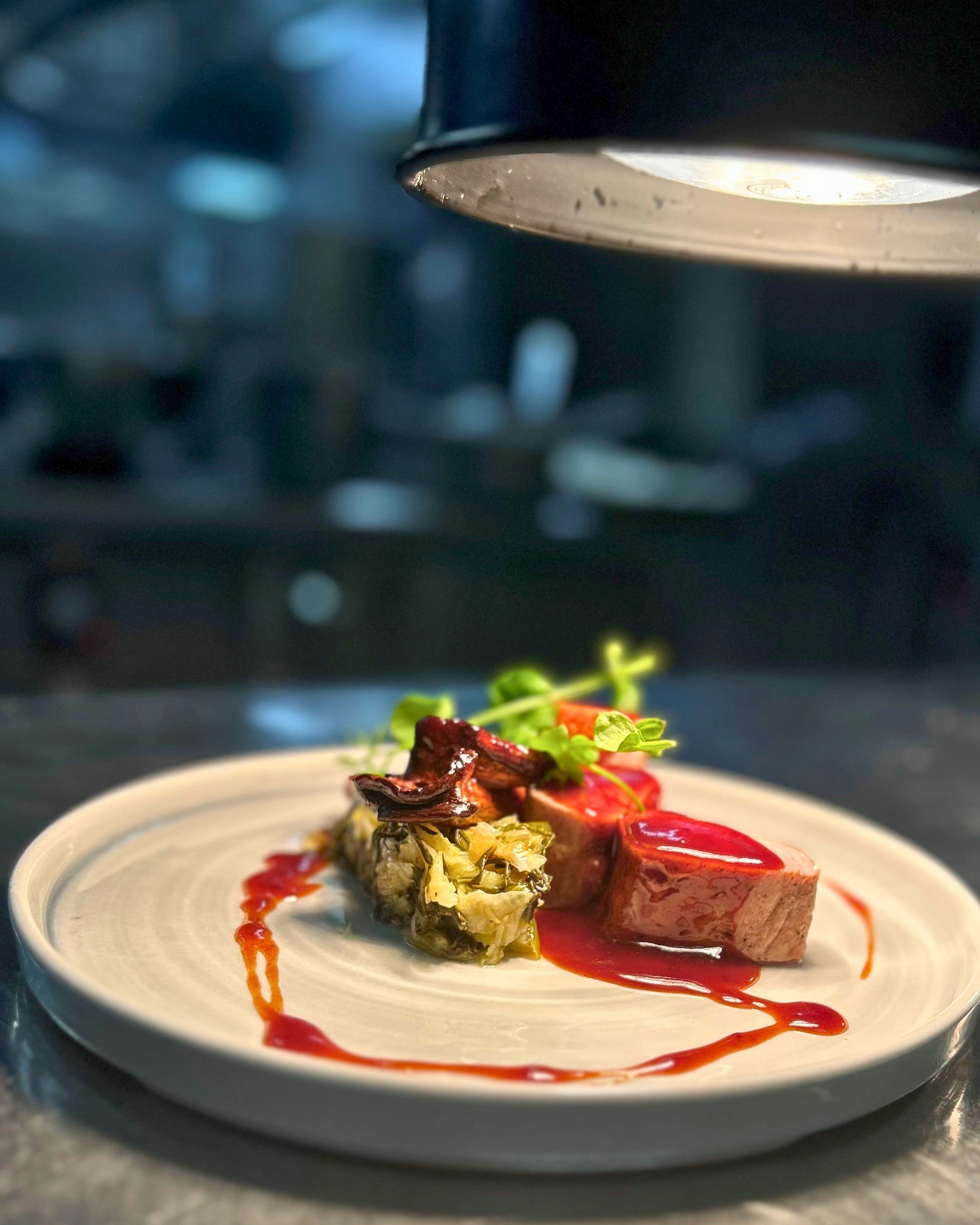 A plate of food with a sauce, vegetables, and meat, under a light source.