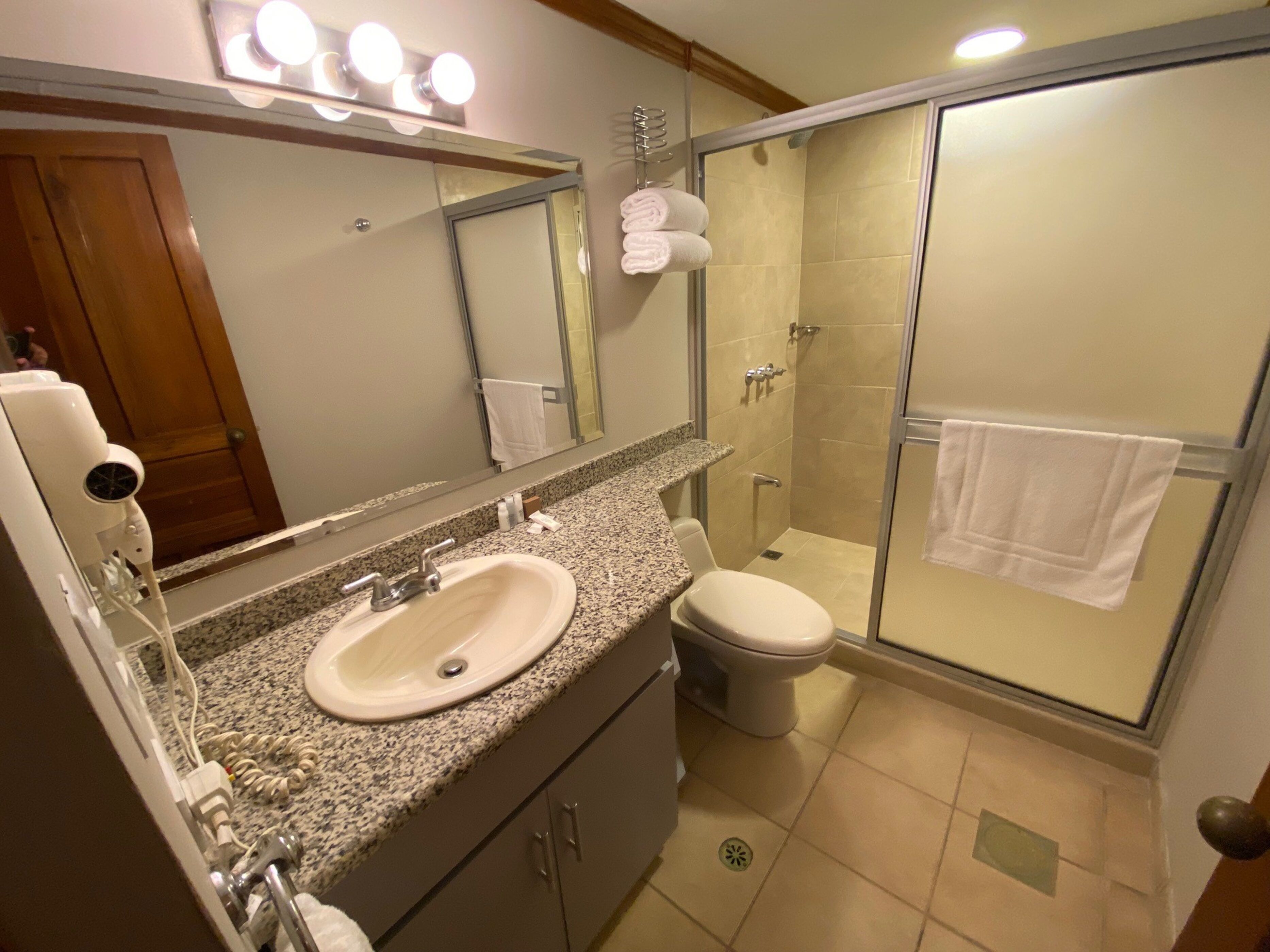 Une salle de bain dotée d’un lavabo avec un plan de travail en granit, d’un miroir avec éclairage intégré, de toilettes et d’une douche à parois de verre.