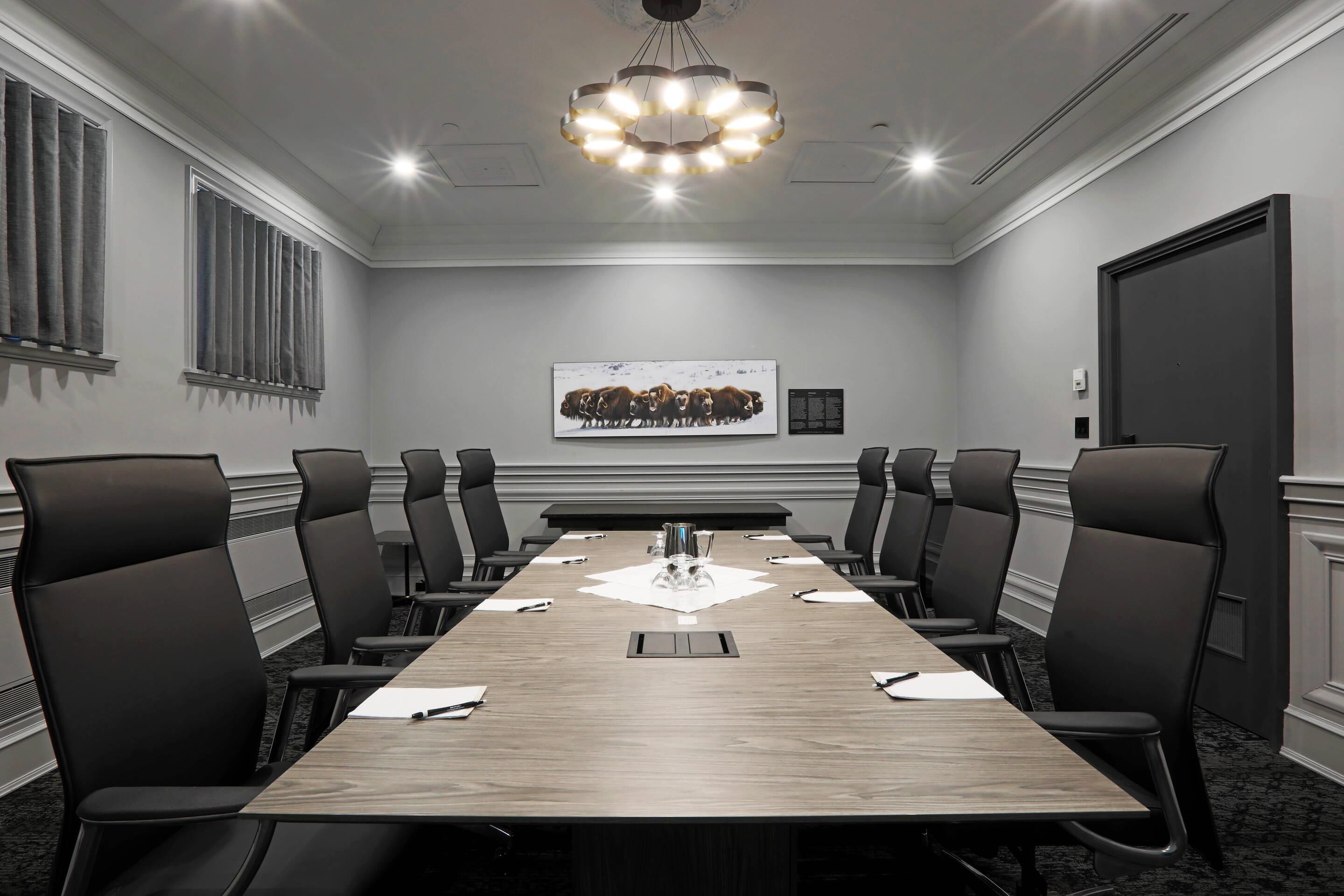 A conference room with a long table, black chairs, a chandelier, and a framed picture on the wall.