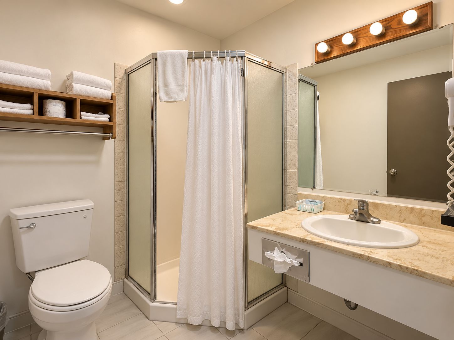 A bathroom with a glass-enclosed shower, a toilet, a sink, and a mirror with lights above.