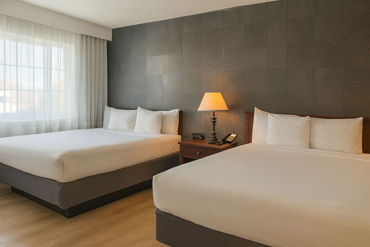 Escritorio, cortinas blackout y tabla de planchar con plancha