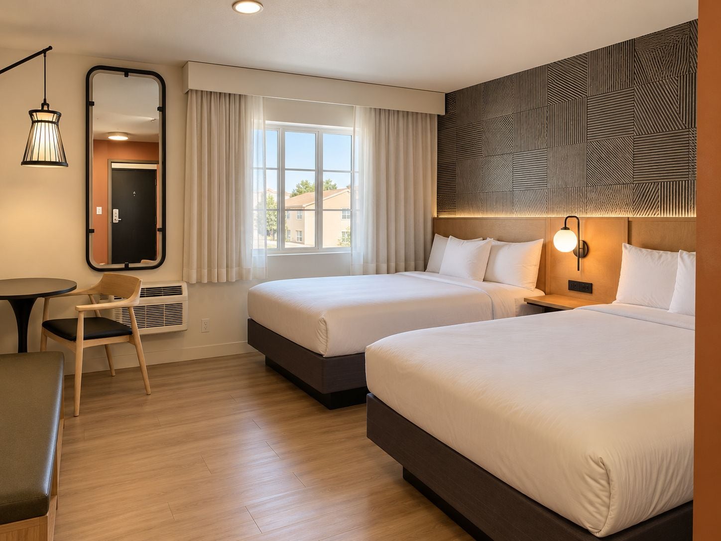 Une chambre d’hôtel avec deux lits, un bureau, une chaise, un miroir et une fenêtre avec des rideaux.