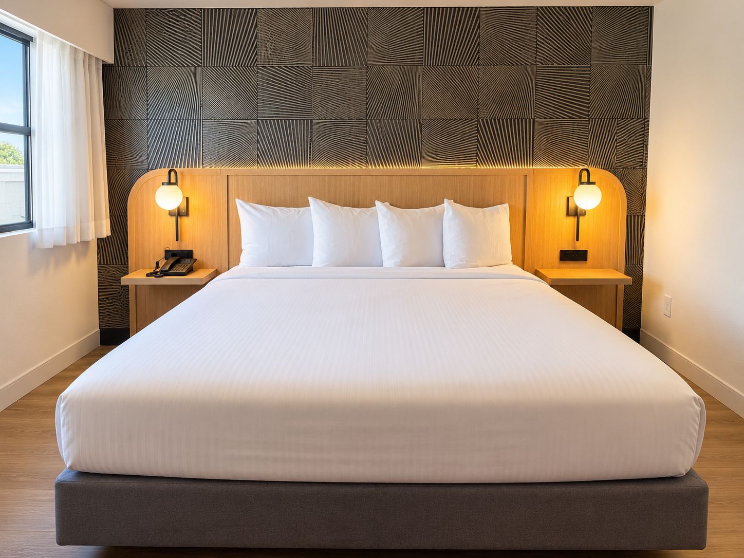 A hotel room with a large bed, two bedside tables, a headboard with a geometric pattern, and two wall-mounted lamps.