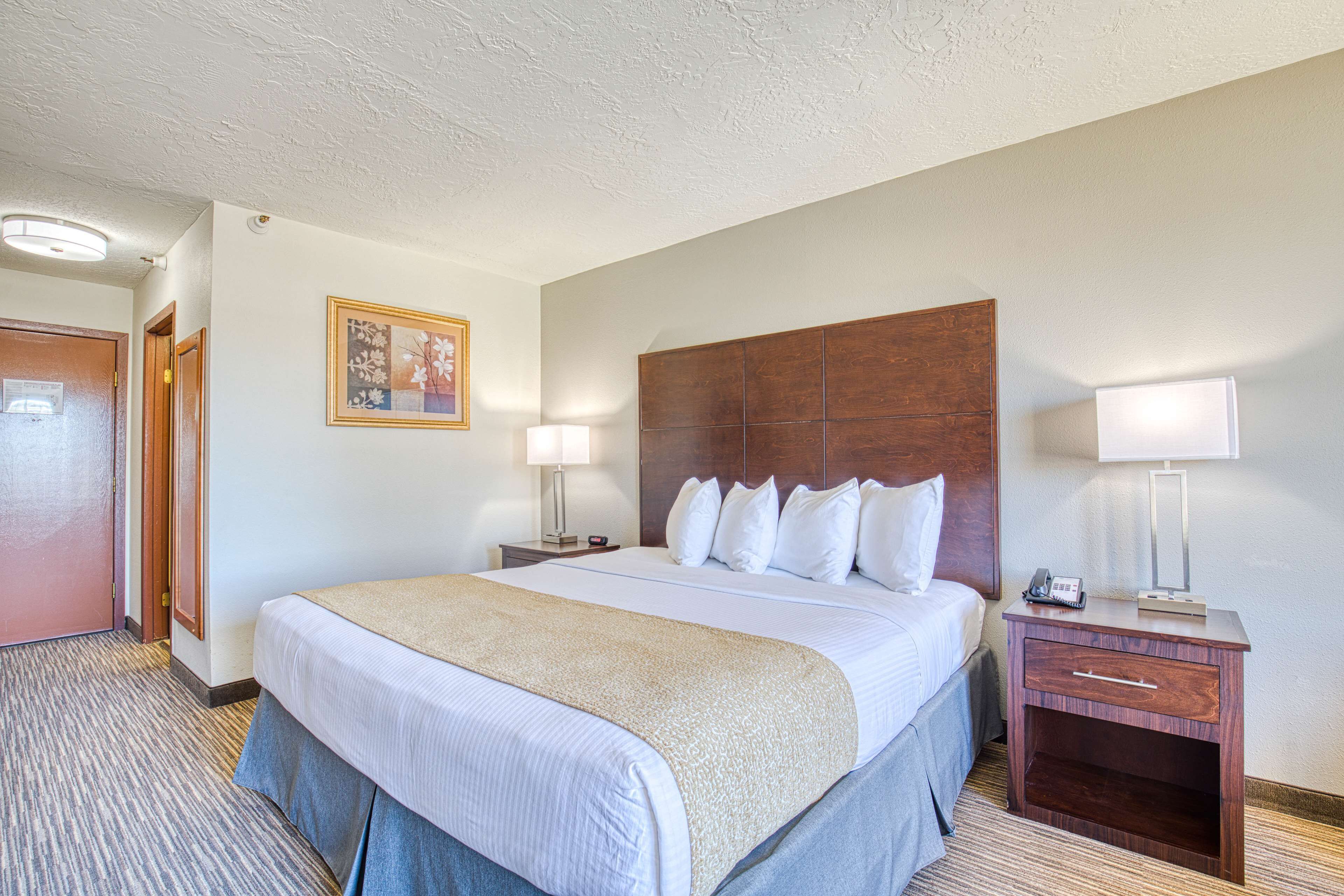 A hotel room with a large bed, a wooden headboard, two bedside tables with lamps, a nightstand, and a door.
