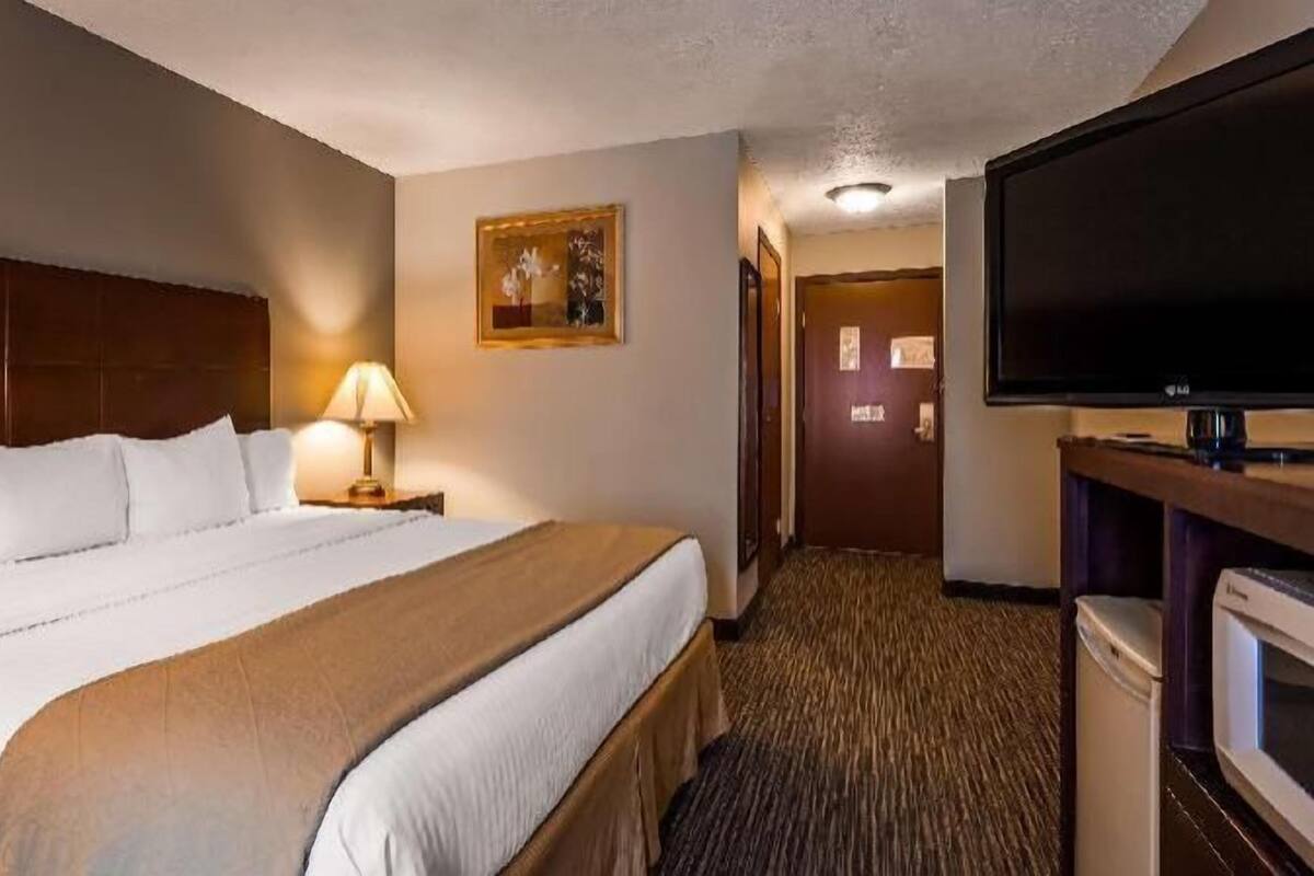 A hotel room with a large bed, a television, a lamp, and a framed picture on the wall.