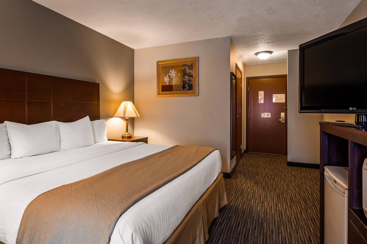 A hotel room with a large bed, a TV, a lamp, and a painting on the wall.