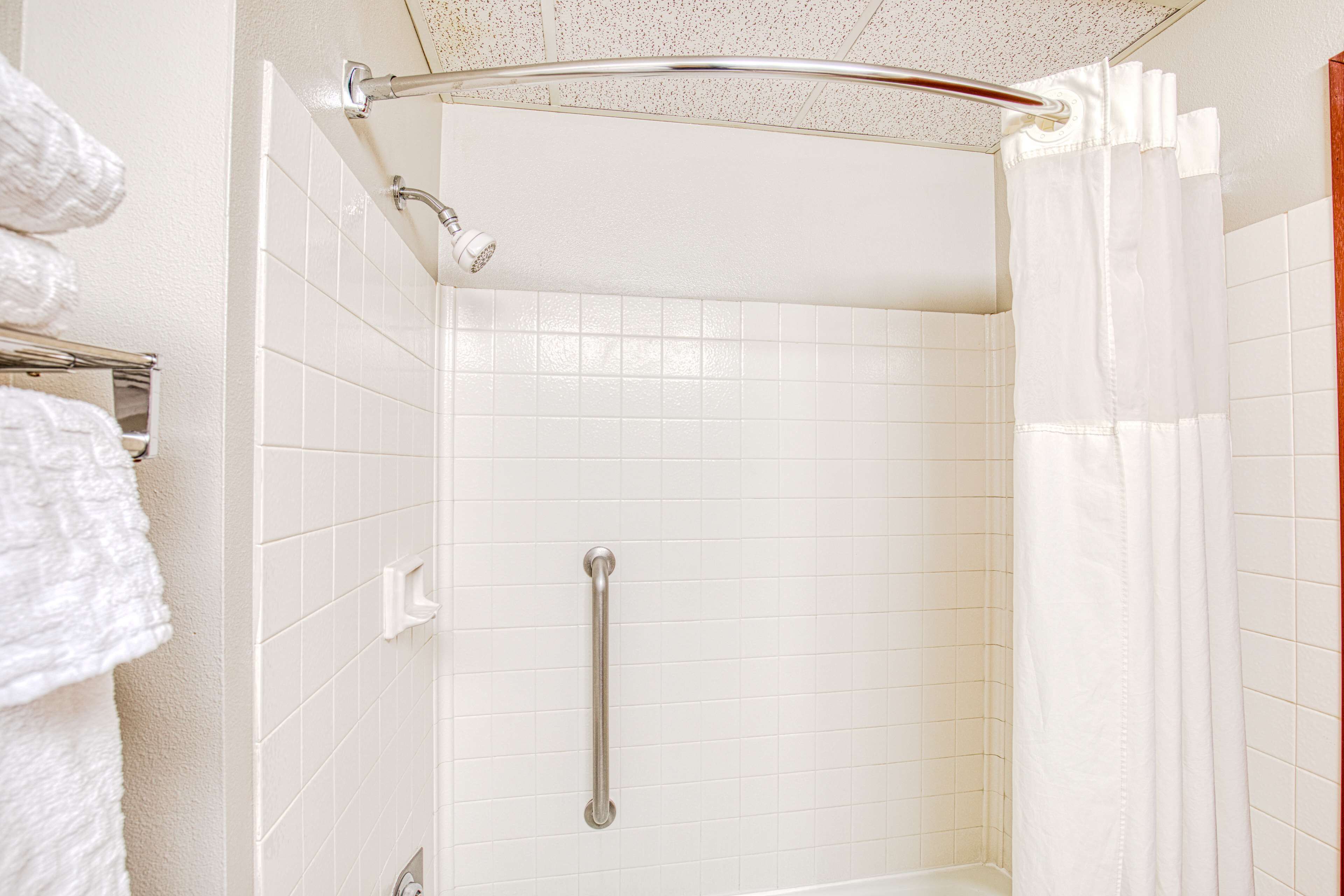combined shower/bathtub, free toiletries, hair dryer, towels