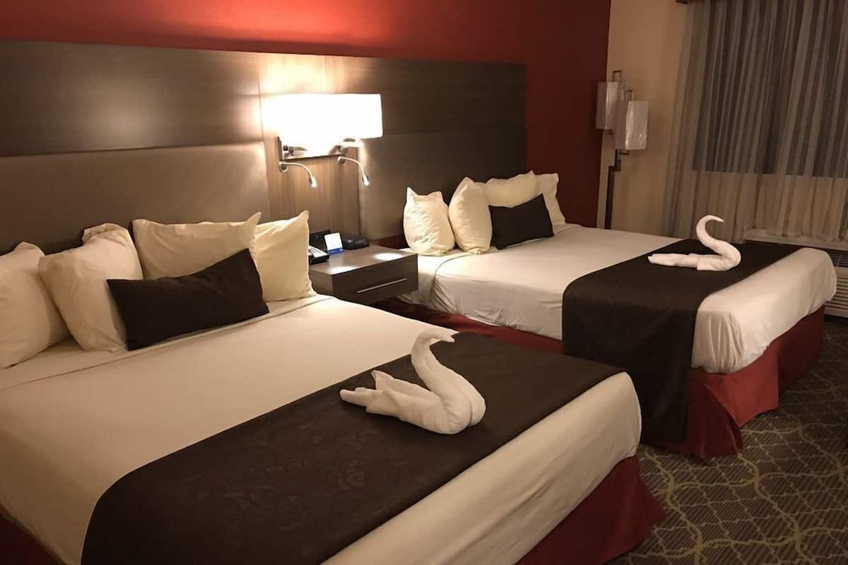 Ein Hotelzimmer mit zwei Betten, jeweils mit dunkelbraunen Kopfteilen, weißer Bettwäsche und dekorativen Schwanenkissen. Zwischen den Betten befindet sich ein Nachttisch mit einer Lampe, und zur Rechten ein Fenster mit Vorhängen.