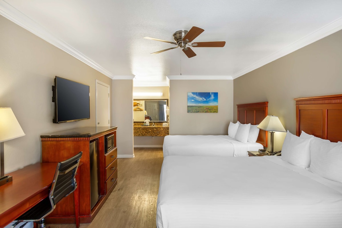 Una habitación de hotel con cama, escritorio, silla, televisor y ventilador de techo.