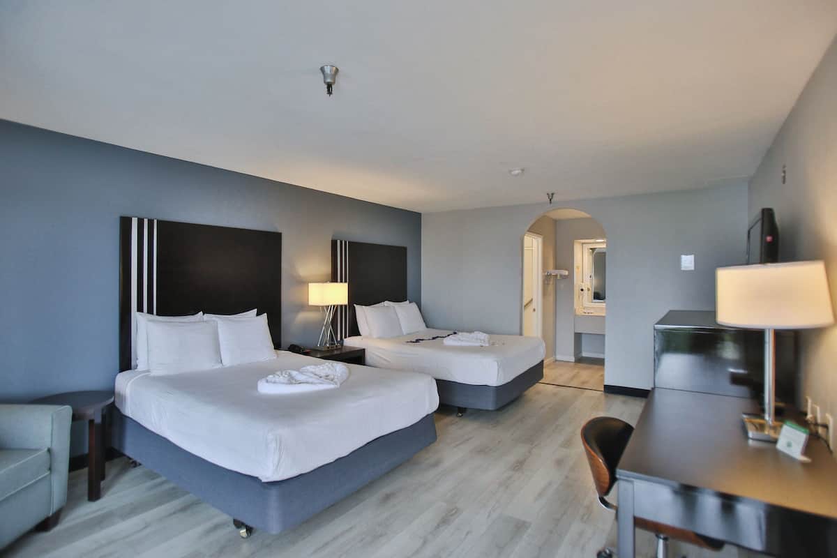 standard room, 2 queen beds, non smoking, refrigerator | desk, iron/ironing board, internet, bed sheets