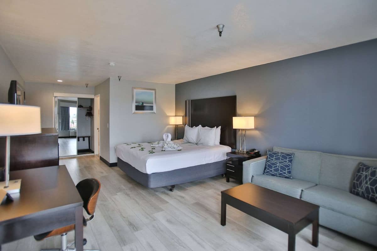 Suite, 1 cama King size, para no fumadores, refrigerador y microondas | Escritorio, tabla de planchar con plancha, internet y ropa de cama