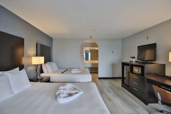 Standard Room, 2 Queen Beds, Non Smoking, Refrigerator | Desk, iron/ironing board, free WiFi, bed sheets