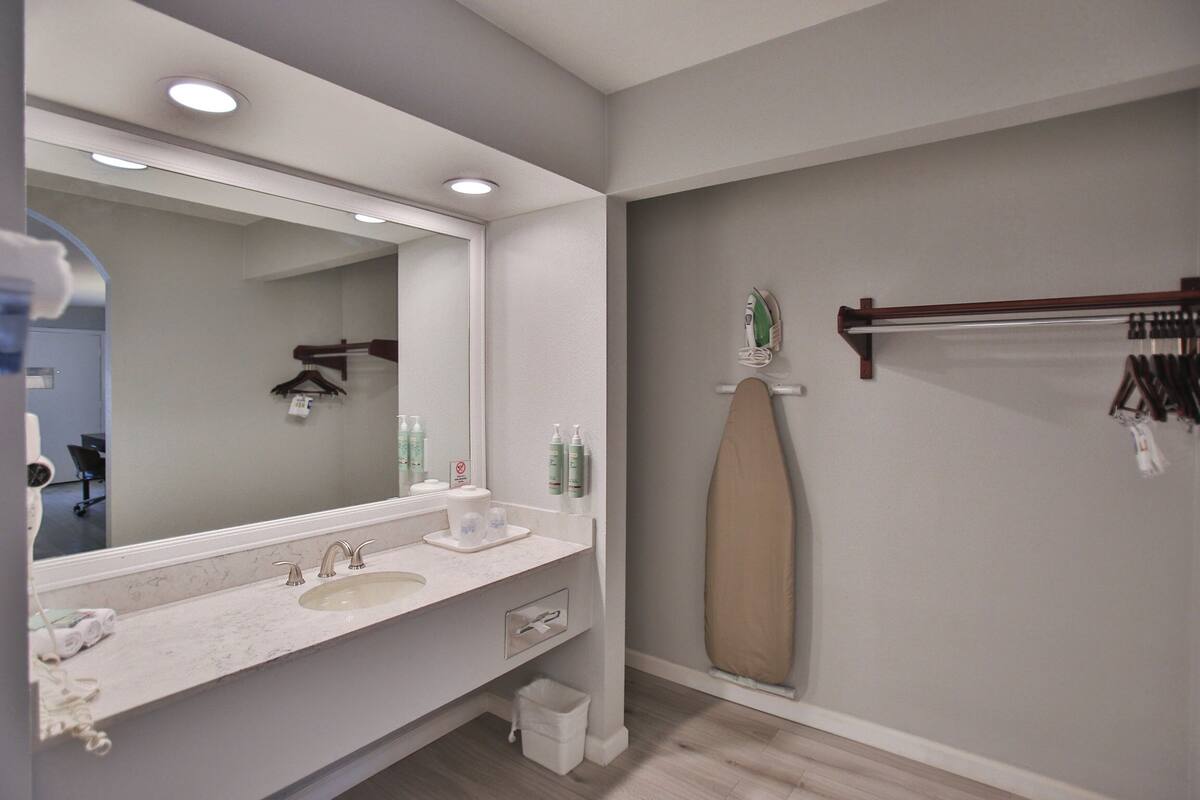 combined shower/bathtub, free toiletries, hair dryer, towels