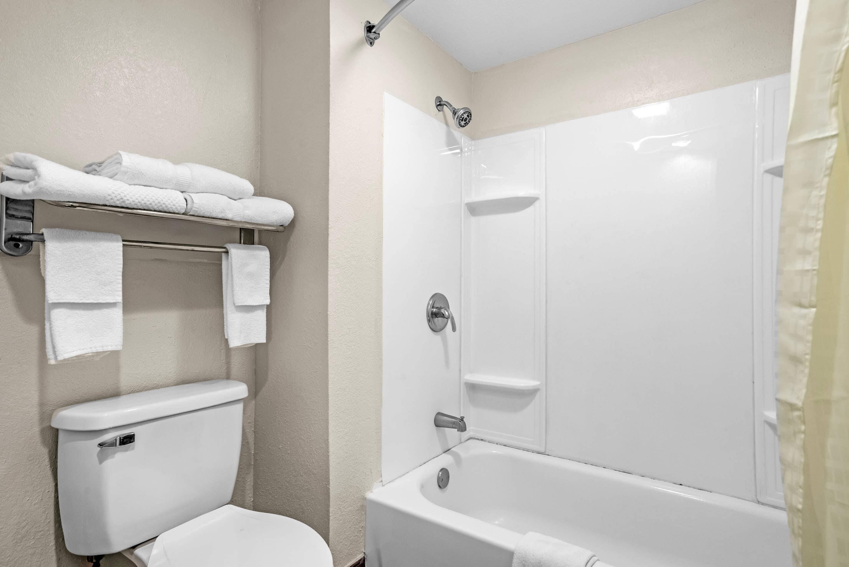 A bathroom with a toilet, a bathtub, and a shower.