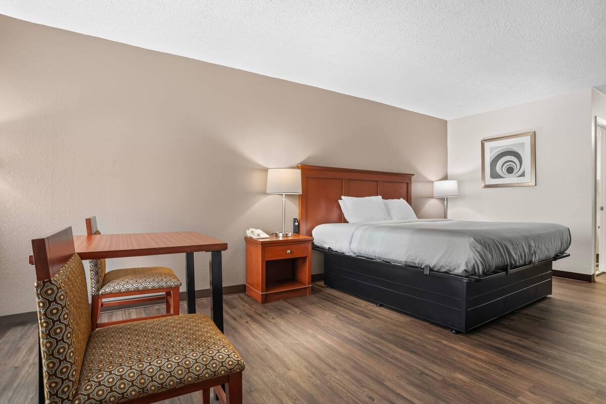 A hotel room with a bed, a desk with a chair, a nightstand with a lamp, and a framed picture on the wall.