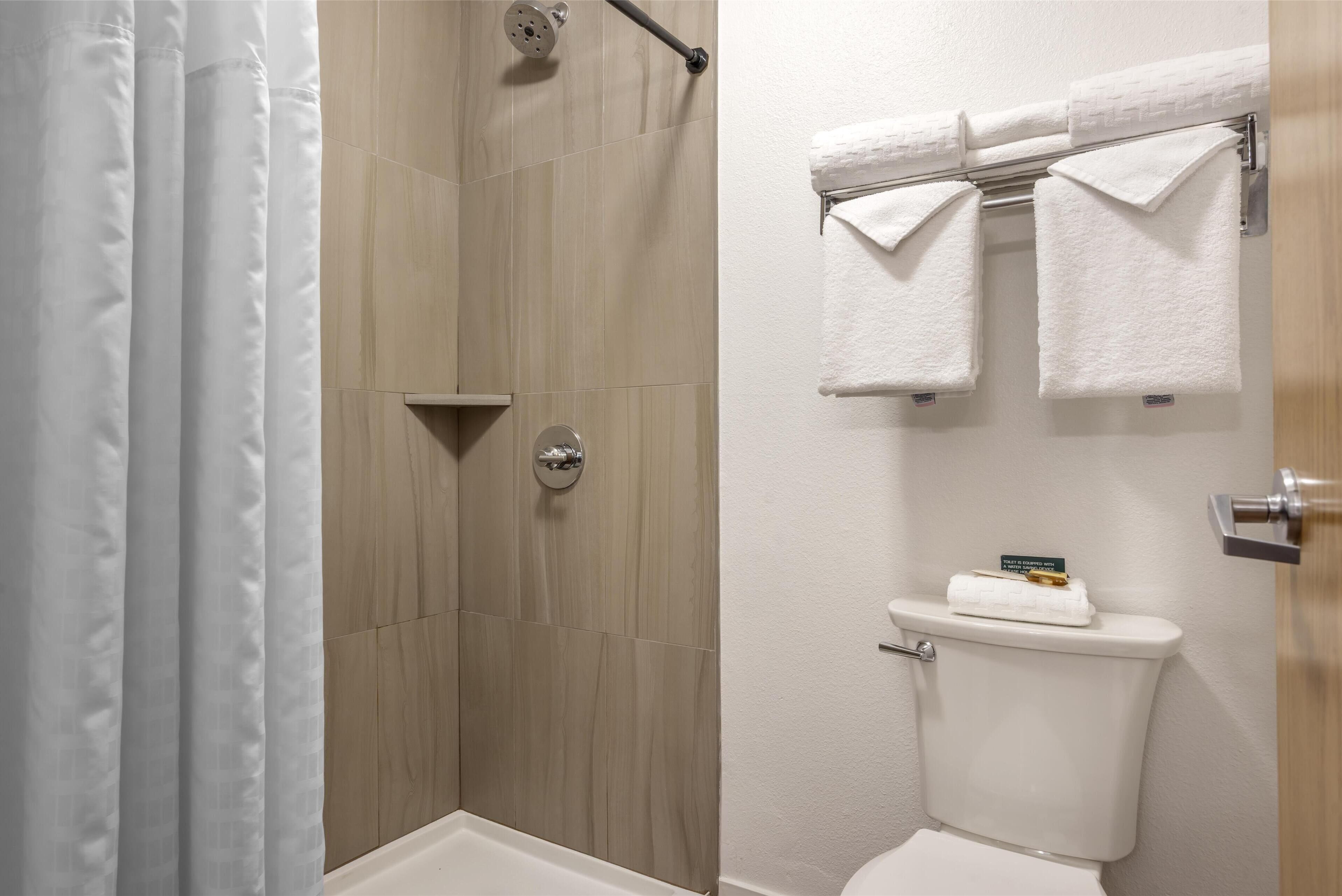 A bathroom with a shower, toilet, and towel rack.