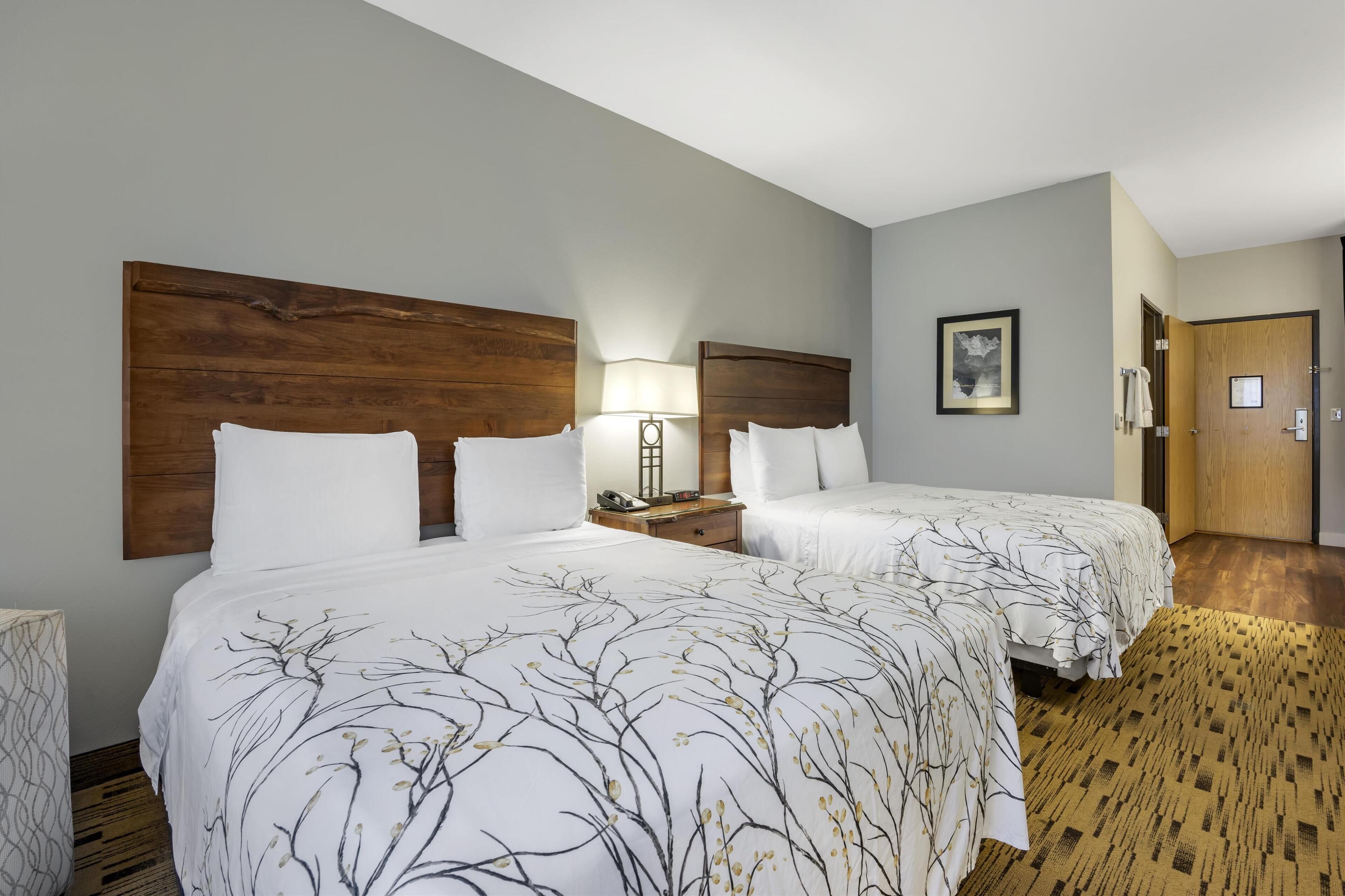 Una camera d'hotel con due letti, una testiera in legno, un comodino con una lampada e un quadro appeso al muro.