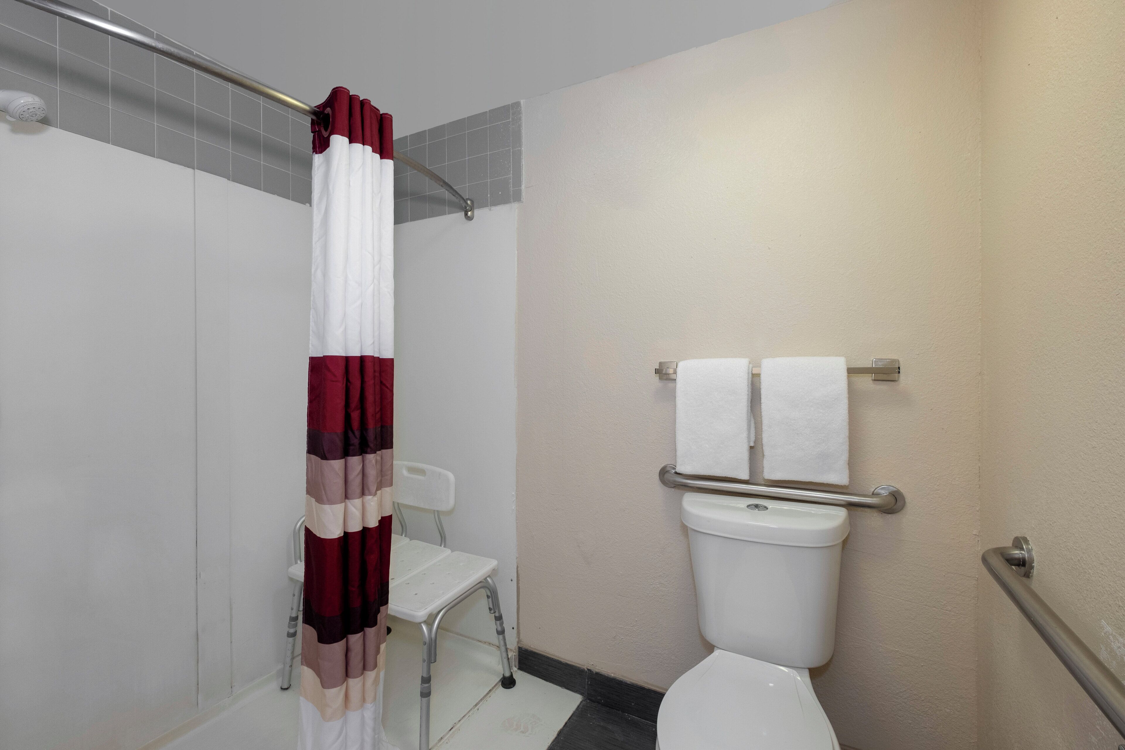 A bathroom with a shower, a toilet, and a grab bar.