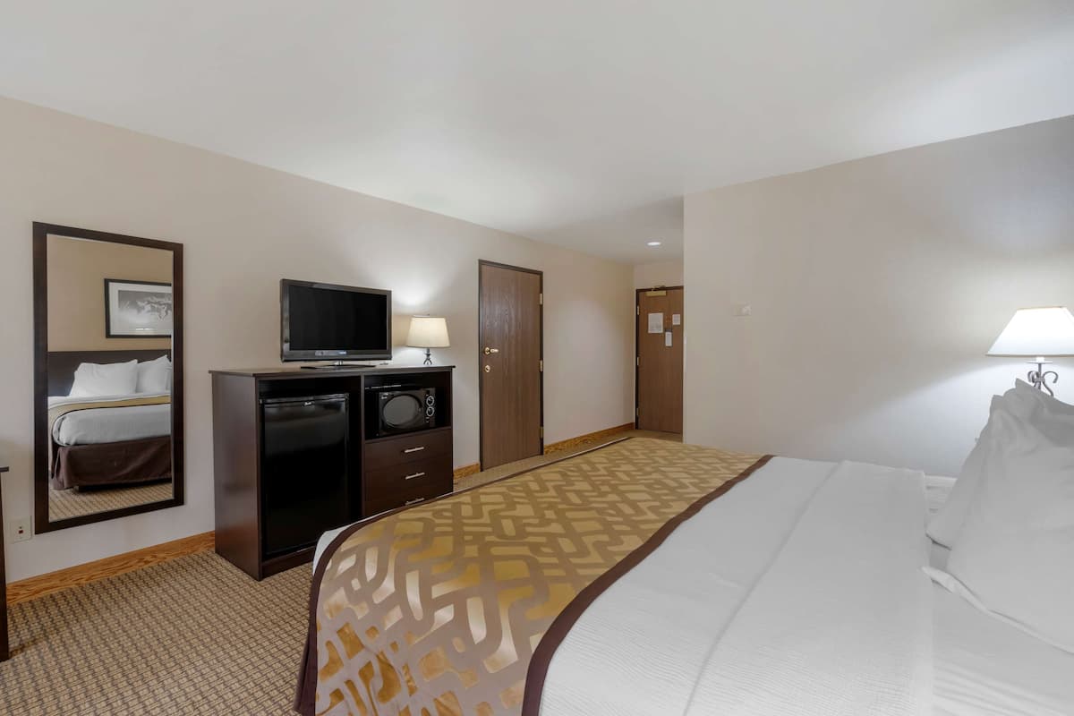 A hotel room with a bed, a television, a desk with a lamp, and a wardrobe.
