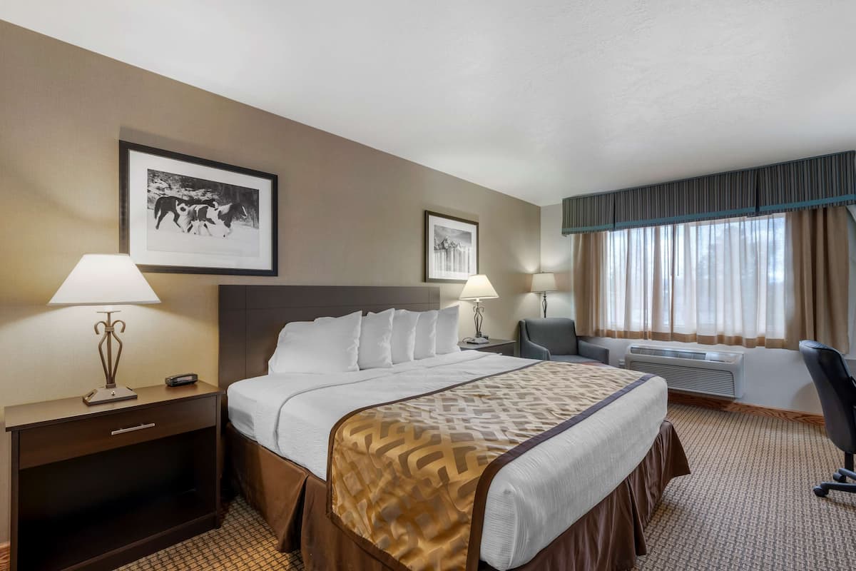 A hotel room with a large bed, two bedside tables with lamps, a chair, and a window with curtains.
