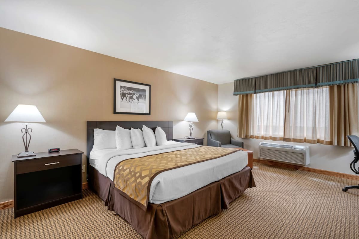 A hotel room with a large bed, two bedside tables, a chair, a desk, a framed picture on the wall, and a window with curtains.