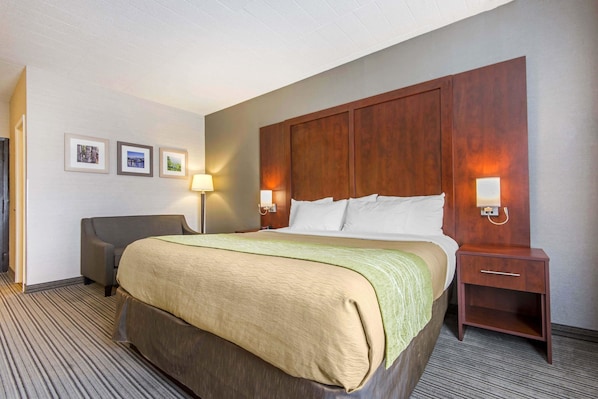 A hotel room with a large bed, a bedside table, a chair, and framed pictures on the wall.