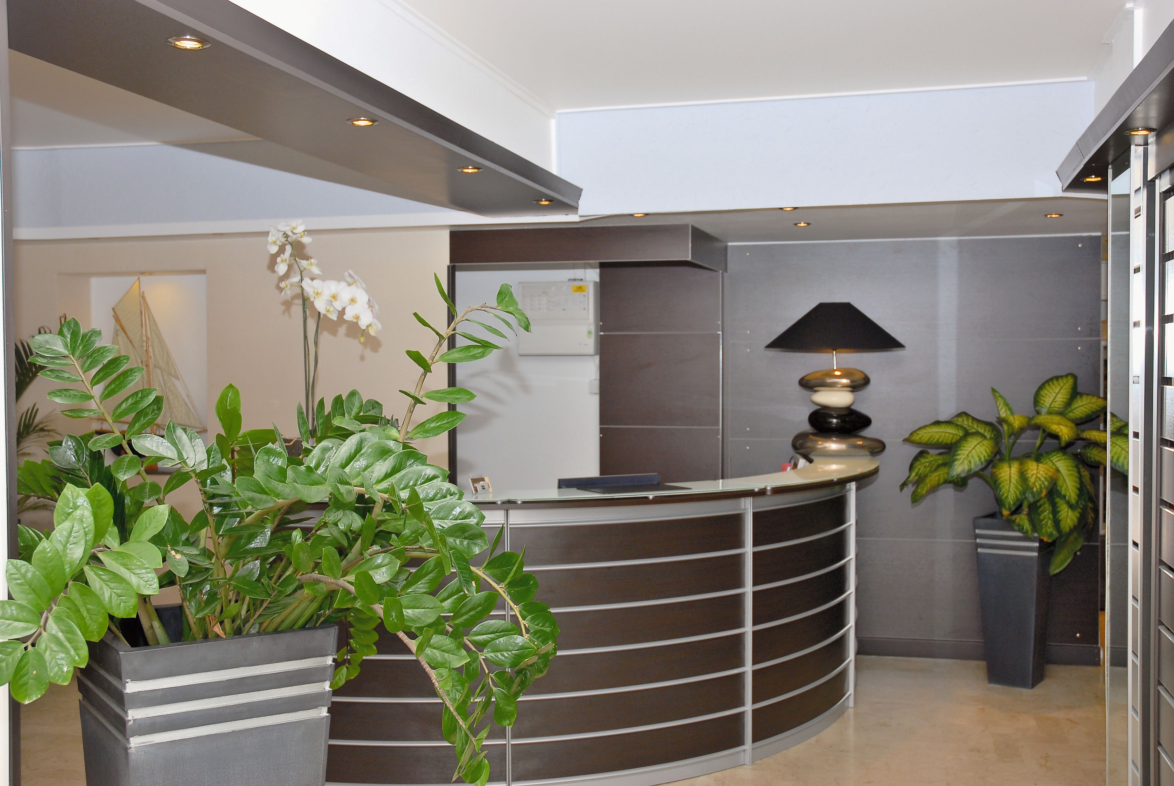 A reception desk with a modern design, surrounded by potted plants and a lamp.