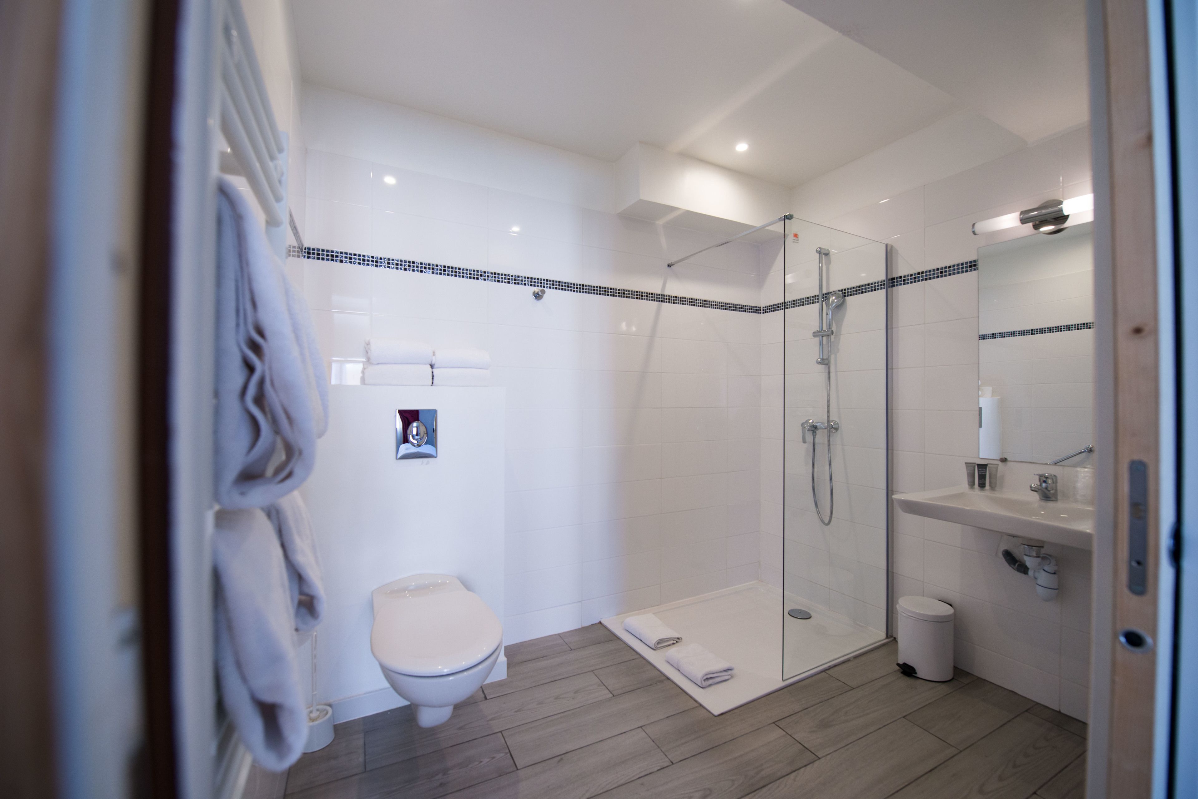 A modern bathroom with a glass-enclosed shower, a toilet, and a sink.