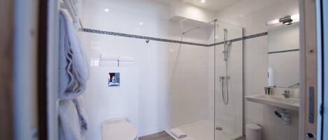 A modern bathroom with a glass-enclosed shower, a toilet, and a sink.