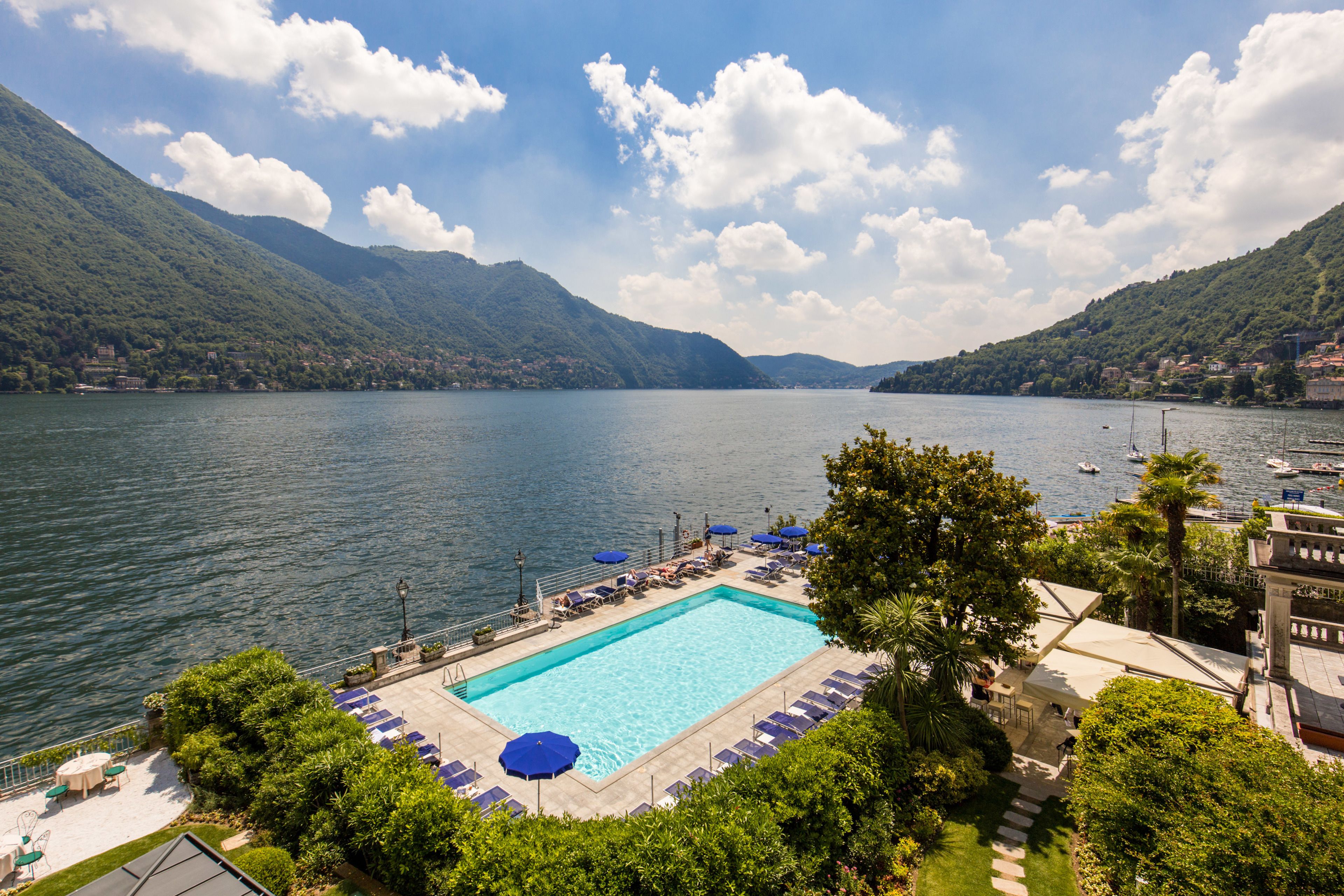 outdoor pool, pool umbrellas, pool loungers