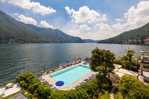 Outdoor pool, pool umbrellas, pool loungers