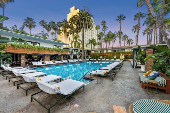 Outdoor pool, pool umbrellas, pool loungers