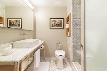 Designer toiletries, hair dryer, towels, soap at The Hollywood Roosevelt