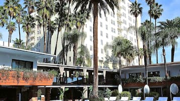 Una piscina al aire libre, sombrillas, sillones reclinables de piscina