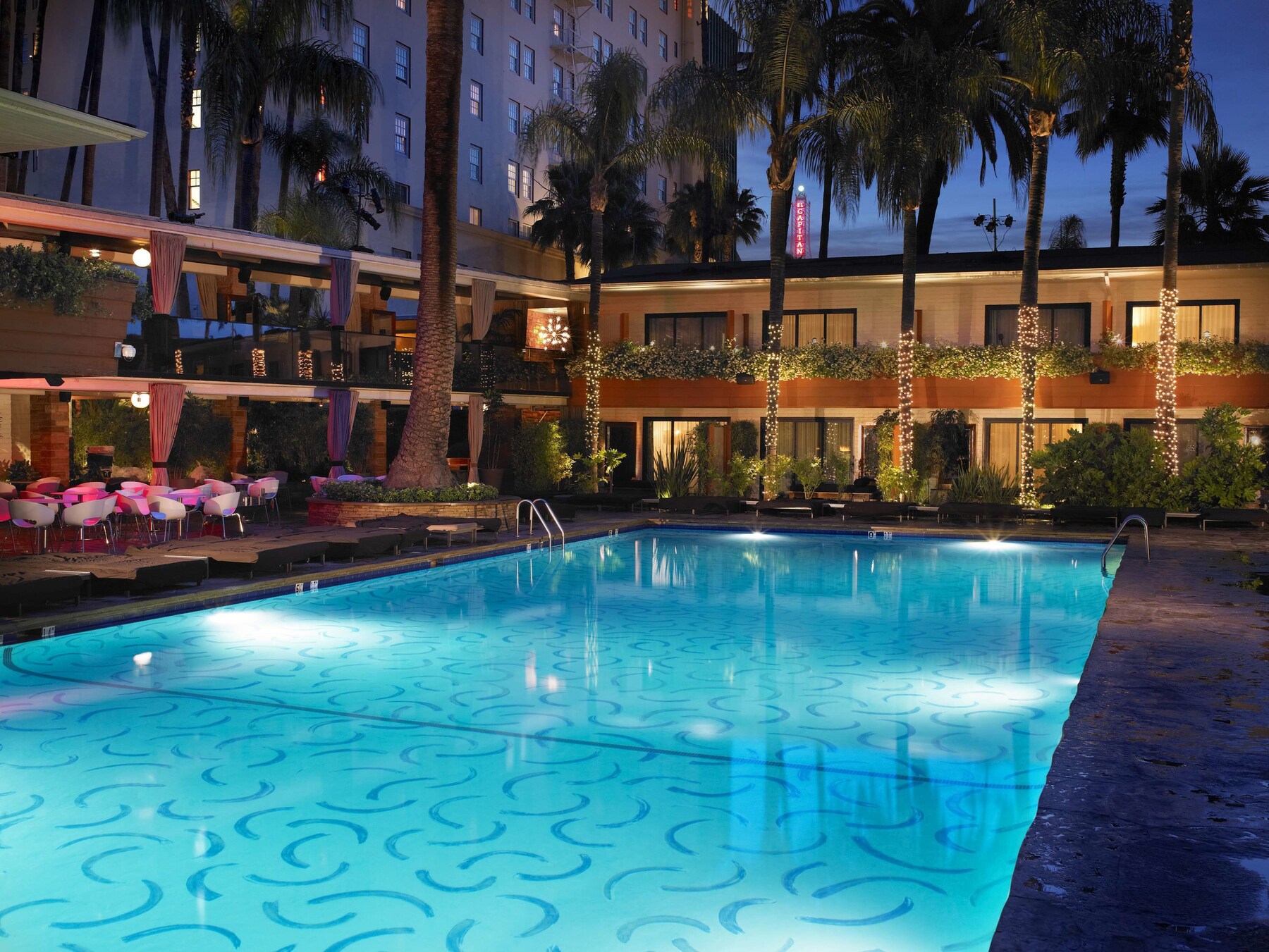 Outdoor pool, pool umbrellas, pool loungers