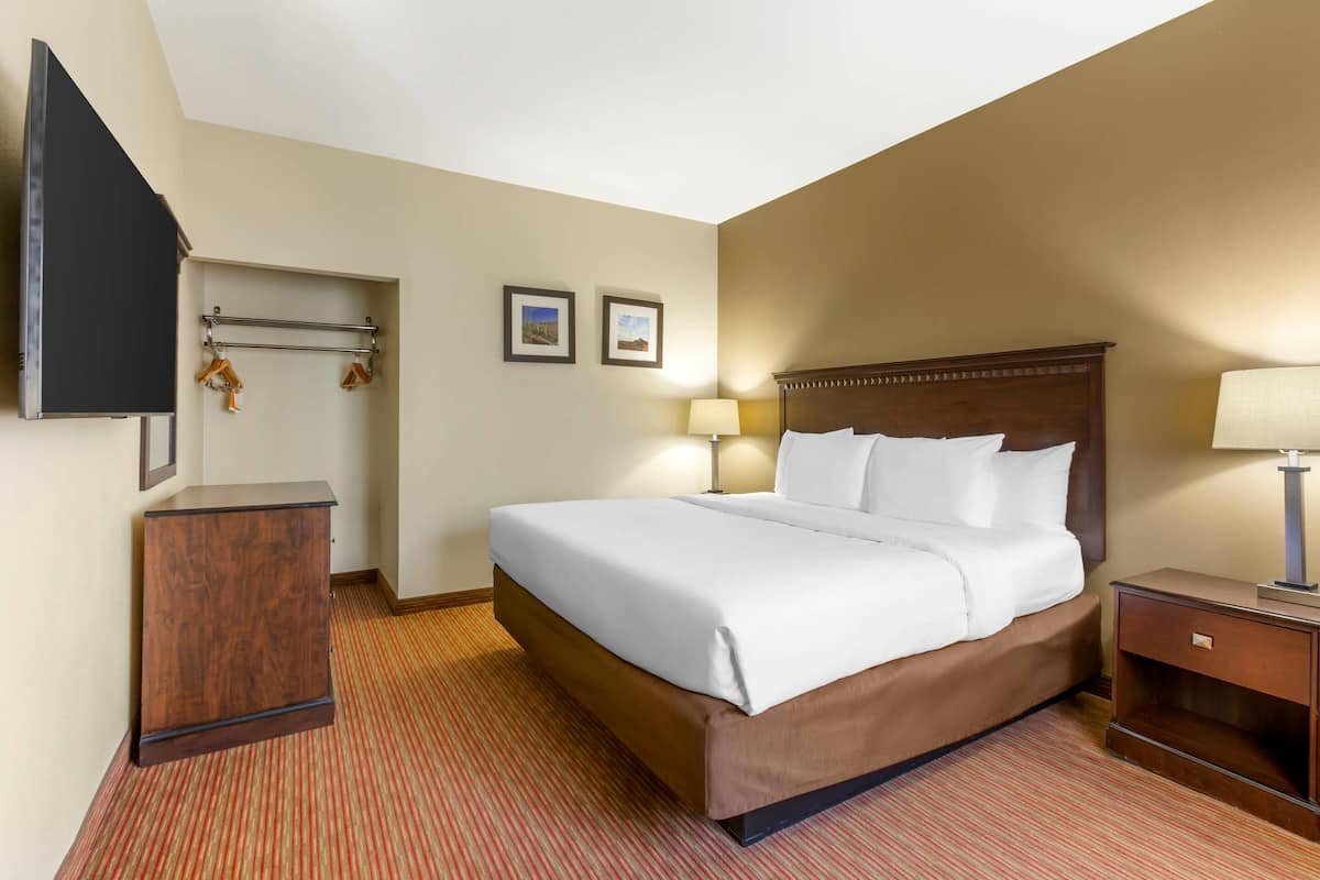 A hotel room with a large bed, a wooden nightstand, a flat-screen TV mounted on the wall, and a coat rack with hangers.
