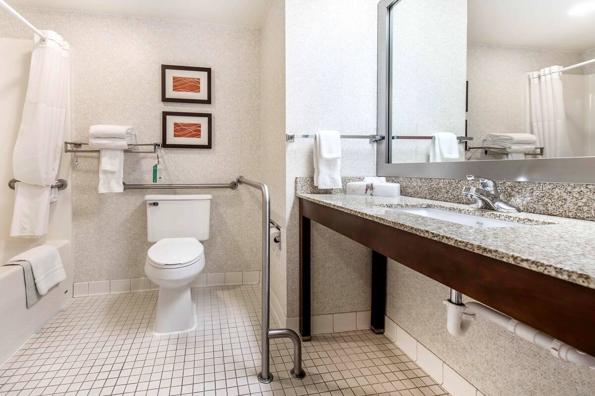 combined shower/bathtub, hair dryer, towels