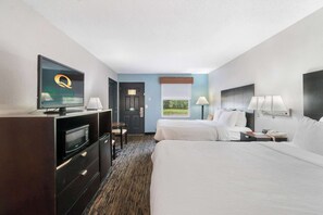Premium bedding, pillowtop beds, desk, laptop workspace