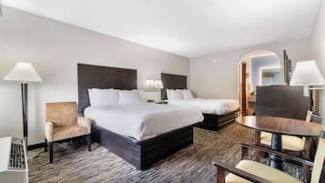Premium bedding, pillowtop beds, desk, laptop workspace