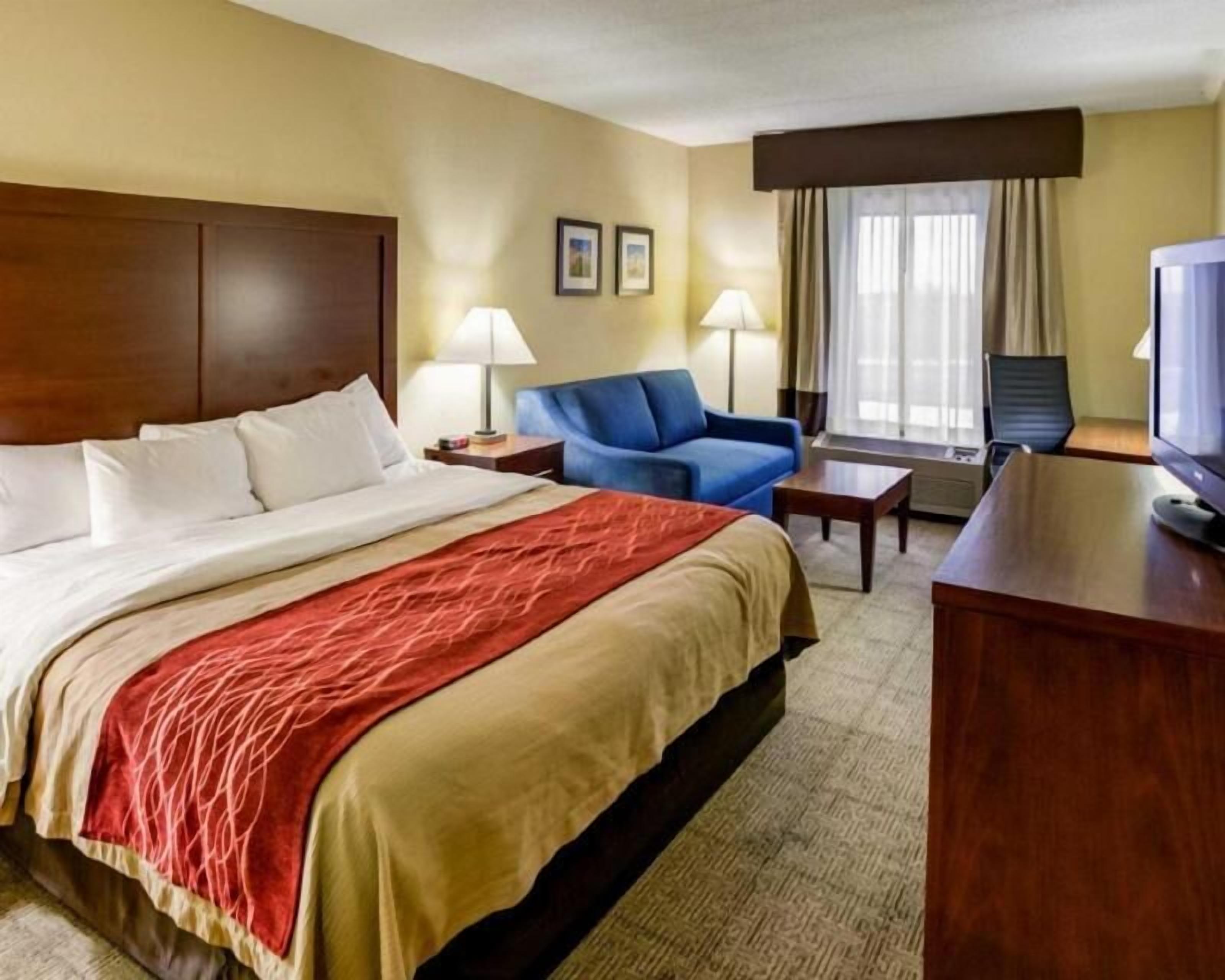 Premium bedding, down comforters, desk, laptop workspace