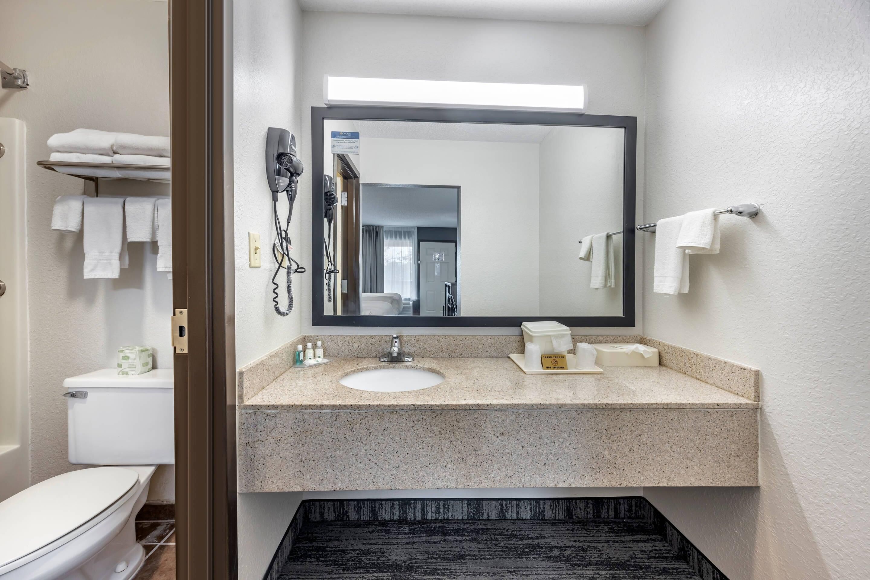 A bathroom with a sink, mirror, towel rack, and a hairdryer.