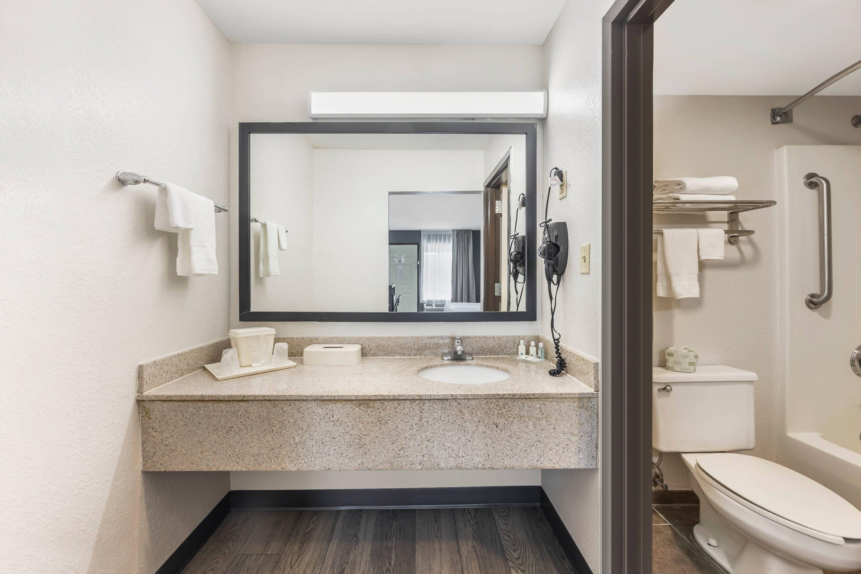 A modern bathroom with a granite countertop, a large mirror, a sink, a toilet, and a shower area.