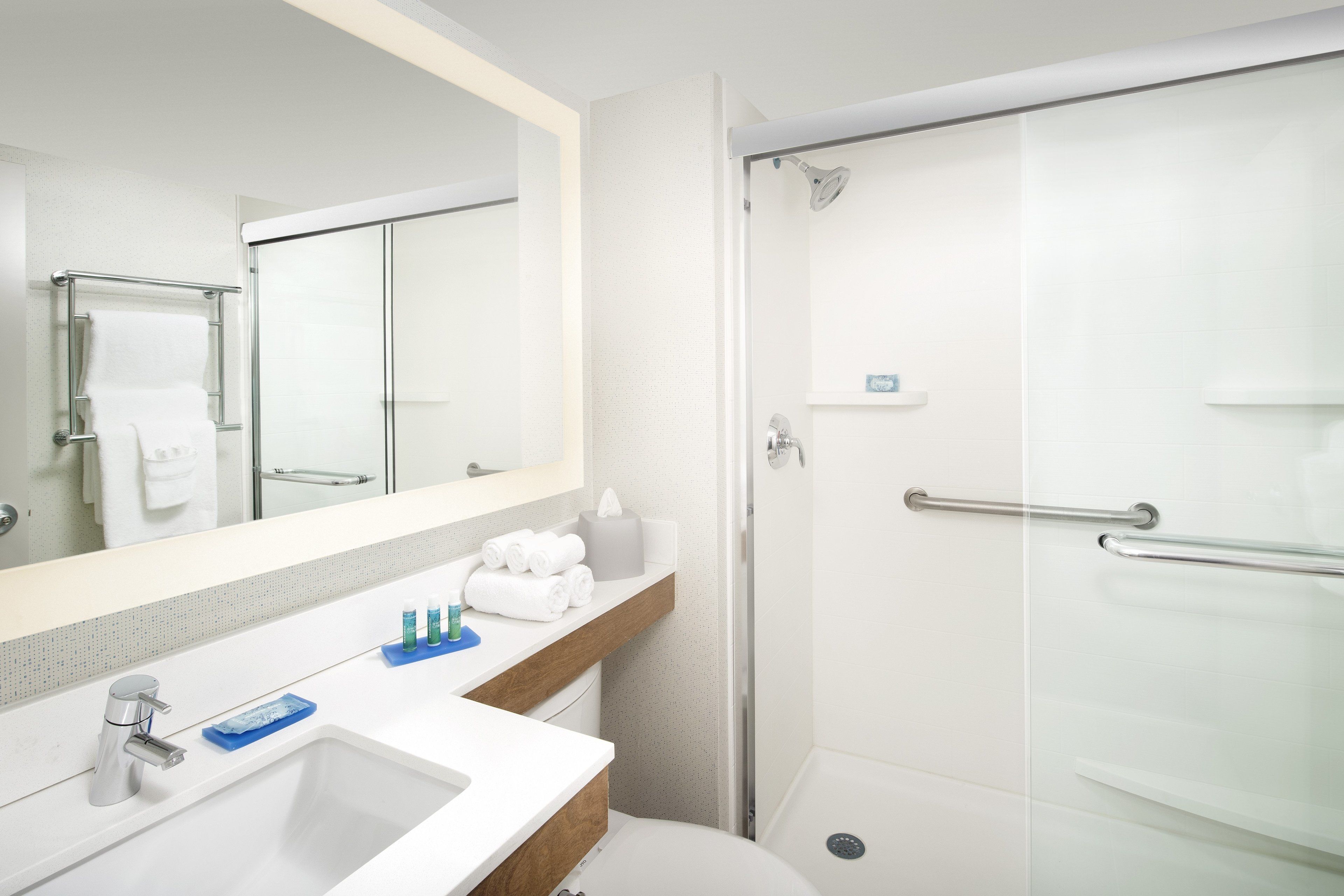 combined shower/bathtub, free toiletries, hair dryer, towels