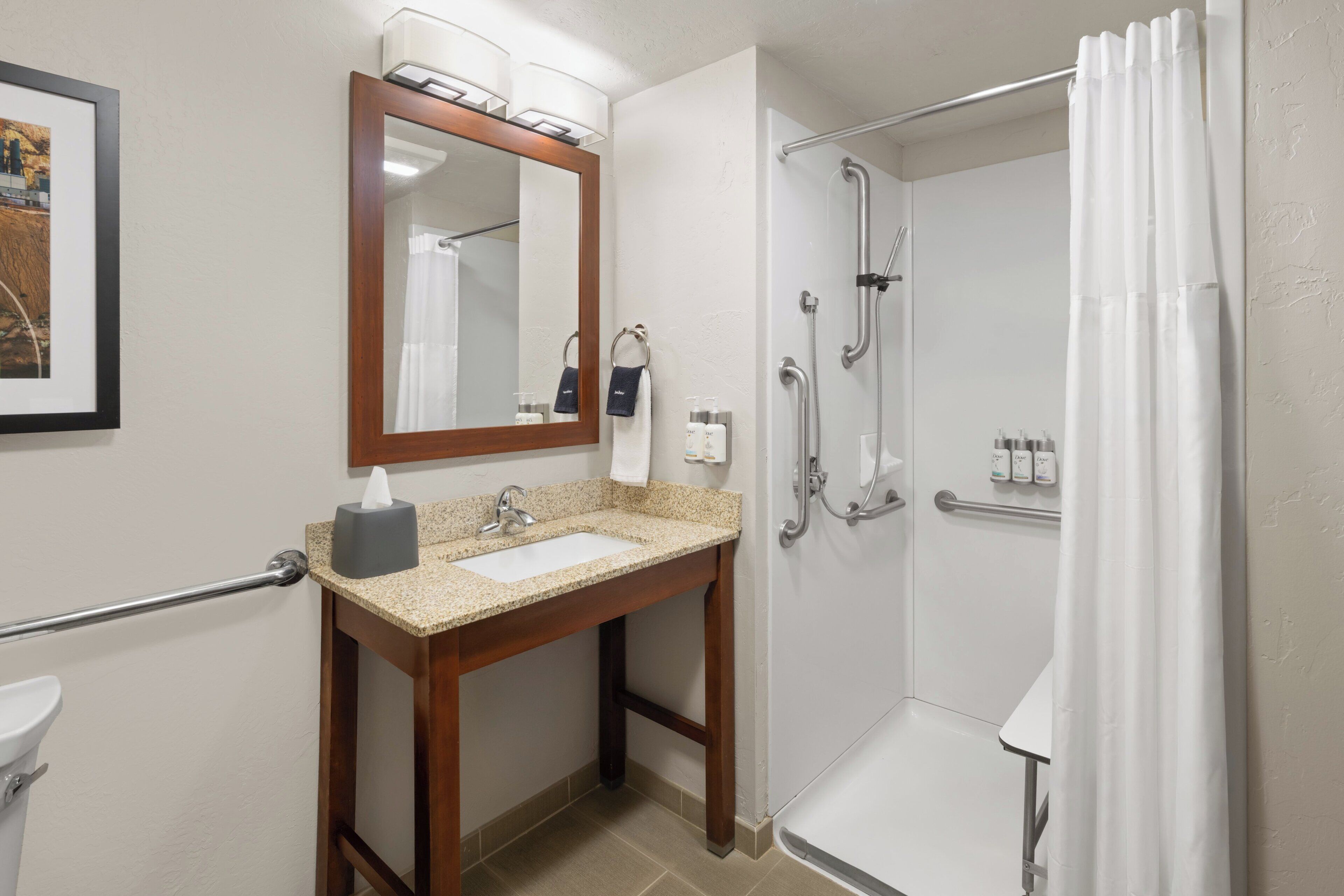 Une salle de bain équipée d’un lavabo, d’un miroir, d’une douche et de toilettes.