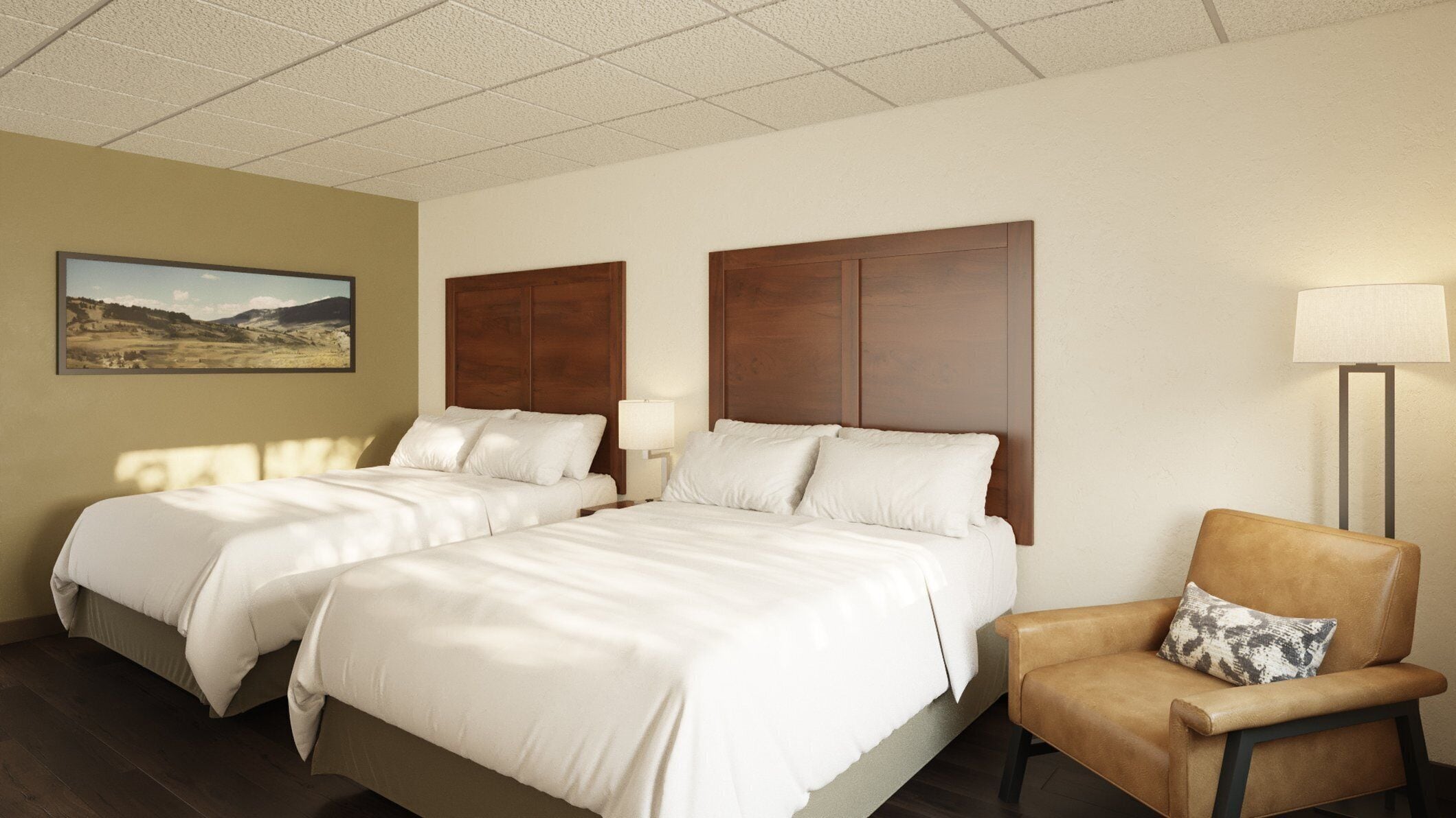 A hotel room with two beds, a chair, a lamp, and a painting on the wall.