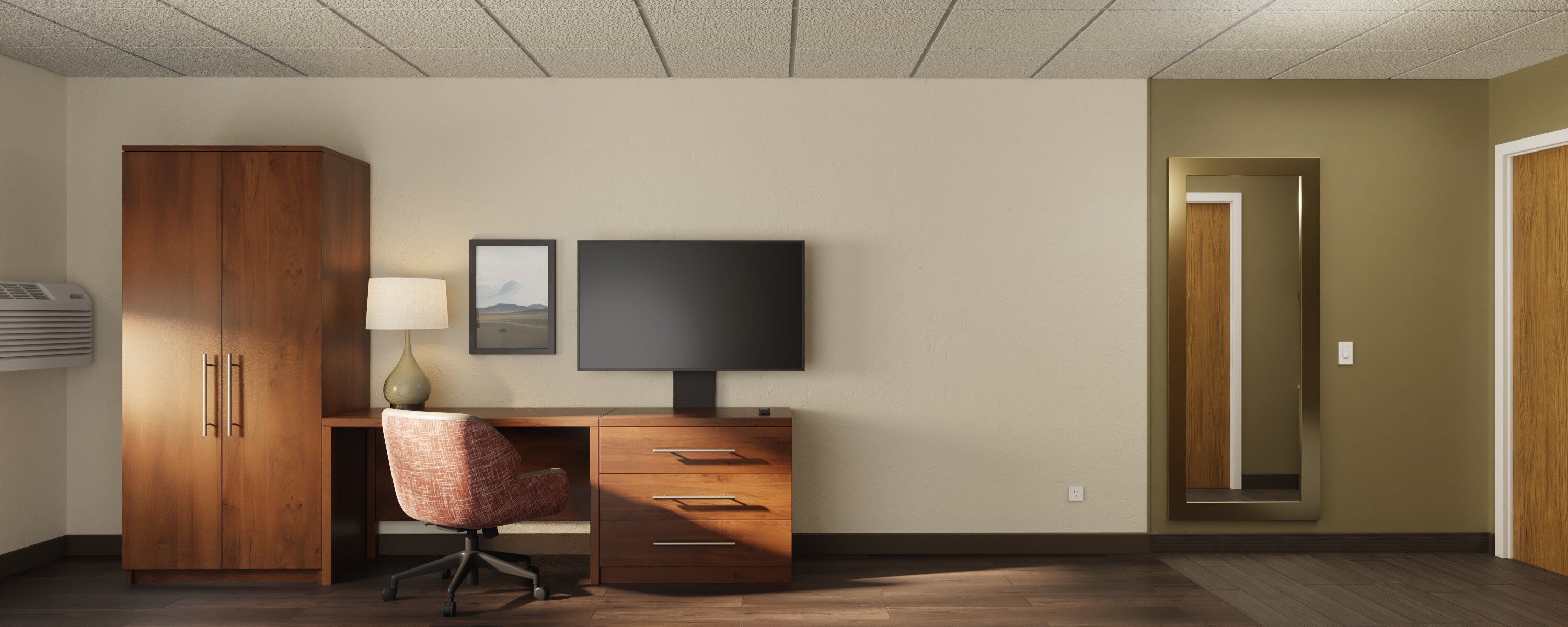 A room with a wooden desk, a chair, a television, and a wardrobe.