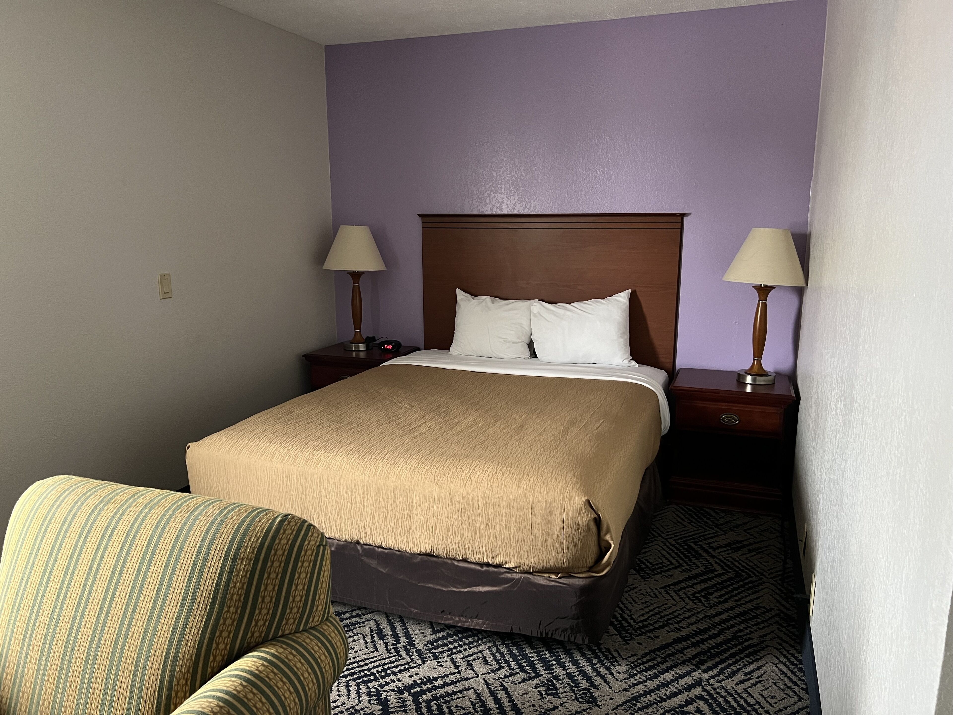 Une chambre d’hôtel avec un lit, deux tables de chevet avec des lampes, une chaise et un tapis à motifs.