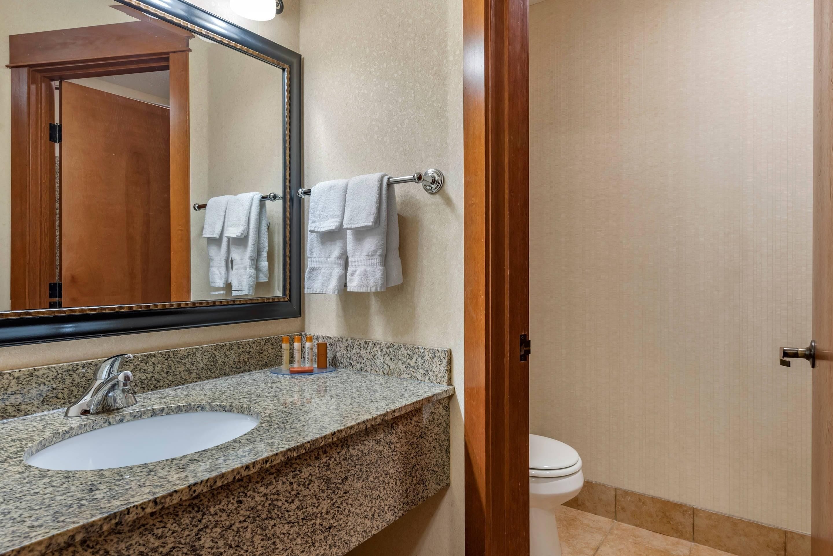 Un bagno con lavabo in granito, specchio e porta asciugamani.